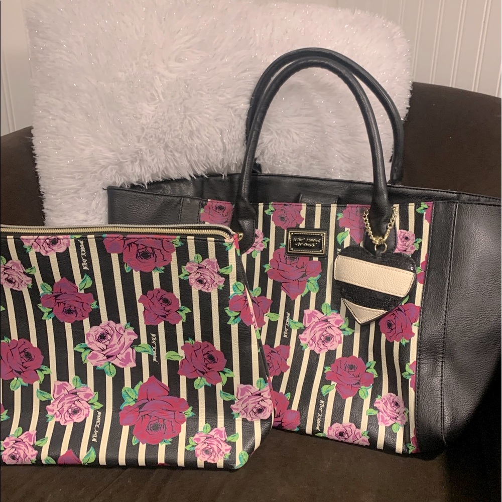 Betsey Johnson floral and striped travel set. Includes large tote & makeup bag.